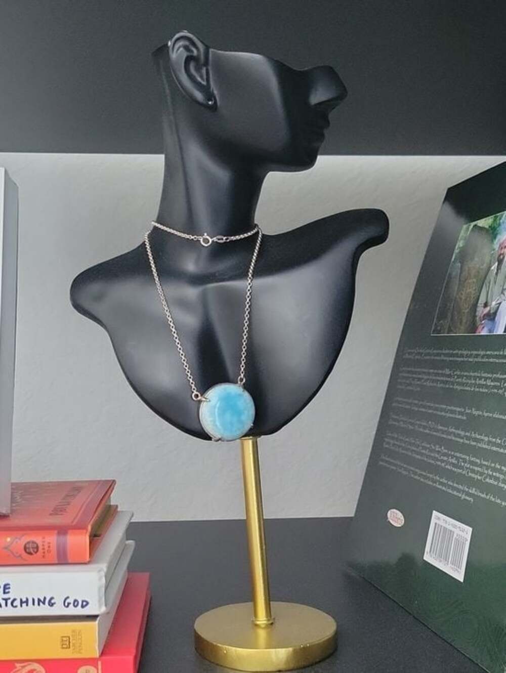 RARE Genuine Dominican Larimar 925 Silver Pendant Necklace Round Blue Stone